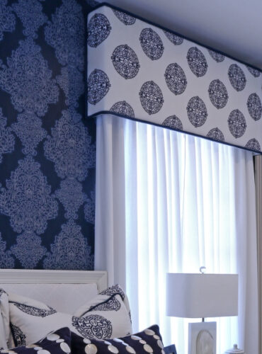 Box Cornice with Navy-Blue Cord Trim, Navy Blue Wallpaper by Thibaut, White and Blue Pillows