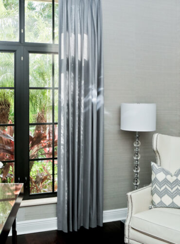Silver Grey Custom Draperies with Color Coordinated Grasscloth Wallcoverings