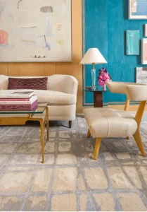 Hand-knotted Stark wool and silk area rug in a living room, PaperWorks Plus