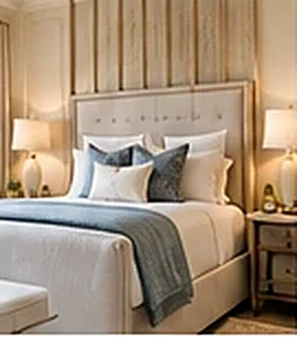 Serene bedroom with tufted headboard and custom bedding, PaperWorks Plus design