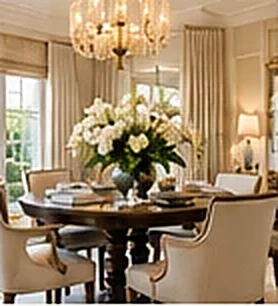 Dining room with floral centerpiece, chandelier and custom drapery, PaperWorks Plus design