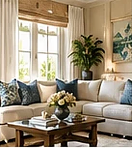 Elegant living room with sectional, woven shades and drapery, PaperWorks Plus design