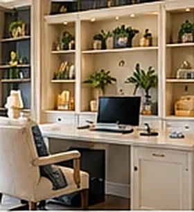 Home office with built-in shelving and desk, PaperWorks Plus design