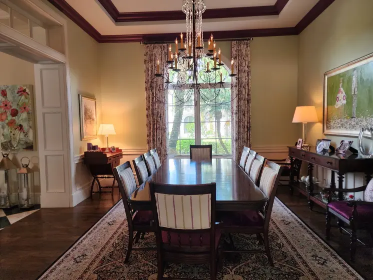 Formal Dining Room with Floral Drapery Panels and Coffered Ceiling | PaperWorks Plus, Jupiter FL