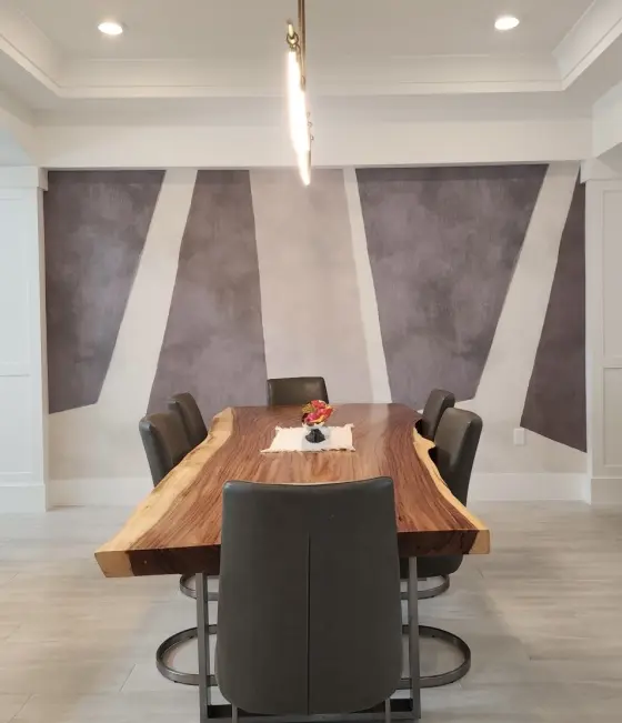 Contemporary Dining Room with Live-Edge Table and Graphic Accent Wall | PaperWorks Plus, Jupiter FL