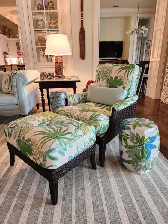 Tropical-Print Upholstered Chair and Ottoman in a Sunroom, Custom Upholstery | PaperWorks Plus, Jupiter FL