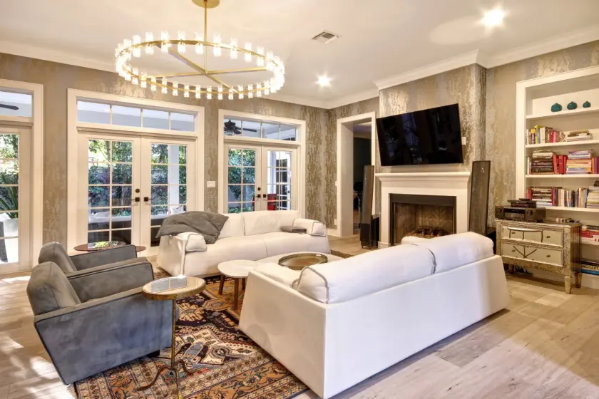 Contemporary Family Room with Textured Wallcovering, Custom Seating and French Doors | PaperWorks Plus, Jupiter FL