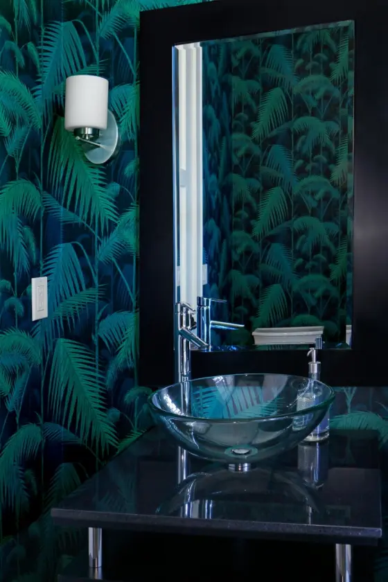 Tropical Palm Wallpaper Installed in a Powder Room | PaperWorks Plus, Jupiter FL