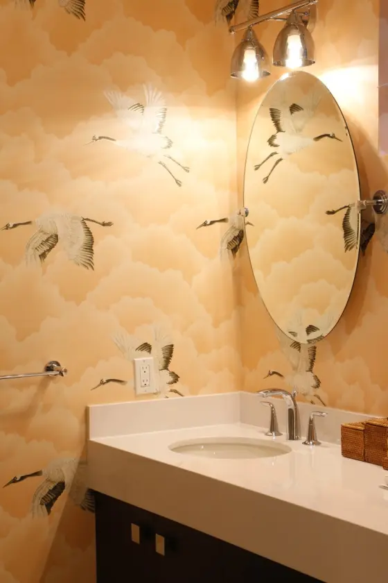 Hand-Painted Bird Wallpaper in a Powder Room | PaperWorks Plus, Jupiter FL