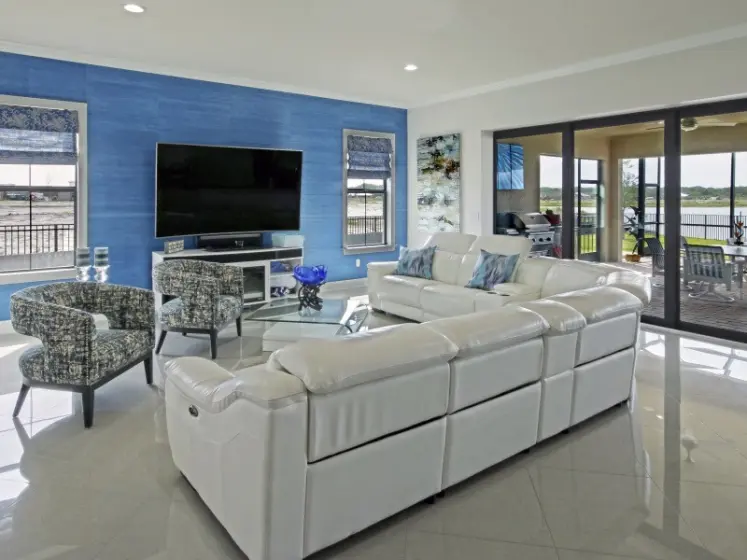 Contemporary Interior Design, Bright Blue Natural Grass wallcoverings, Roman Shades with Color Coordinated Fabric | PaperWorks Plus, Jupiter FL