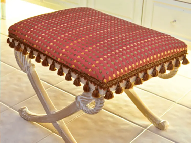 Woven Fabric with Tassel Fringe Trim by Thibaut for Ottoman in a Master Bath | PaperWorks Plus, Jupiter FL