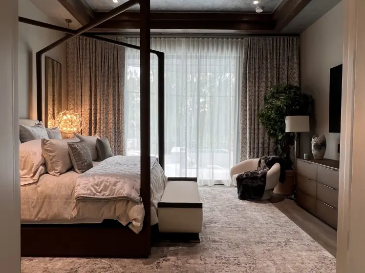 Master Bedroom with Floor-to-Ceiling Draperies, Sheers and Custom Wallcovering | PaperWorks Plus, Jupiter FL