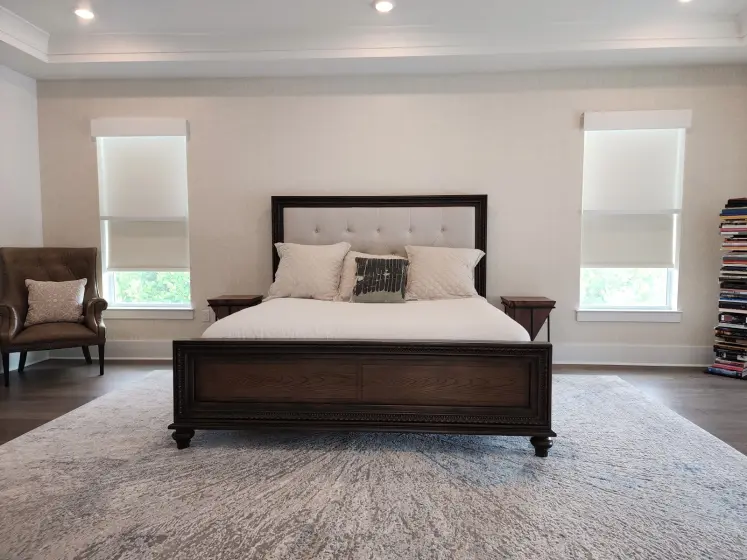 Double Roller Shades in a Bedroom with Elitis Perle Wallcovering | PaperWorks Plus, Jupiter FL