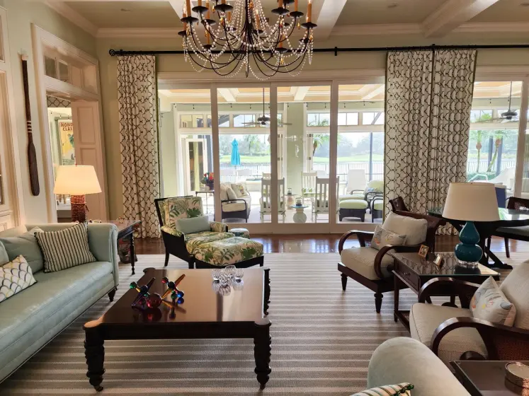 Patterned Drapery Panels and Custom Window Treatments in a Great Room | PaperWorks Plus, Jupiter FL
