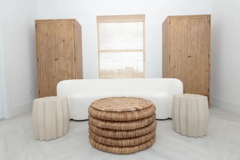 Natural Woven Shade with Rattan Furniture Vignette | PaperWorks Plus, Jupiter FL