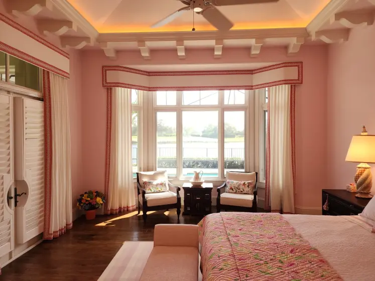Custom Valance and Drapery Panels on a Bay Window in a Pink Bedroom | PaperWorks Plus, Jupiter FL