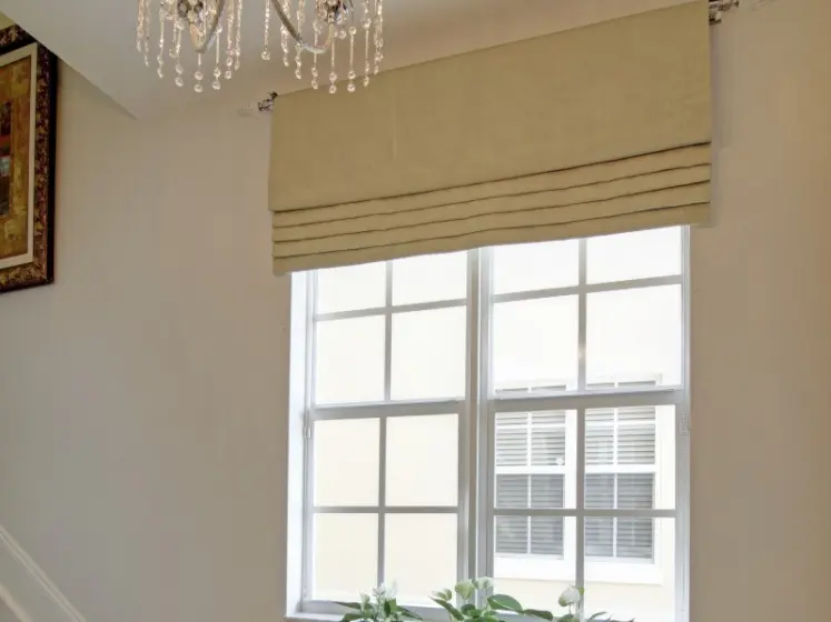 Custom Made Flat Roman Valance on Metallic Drapery Rod with Crystal Finials | PaperWorks Plus, Jupiter FL