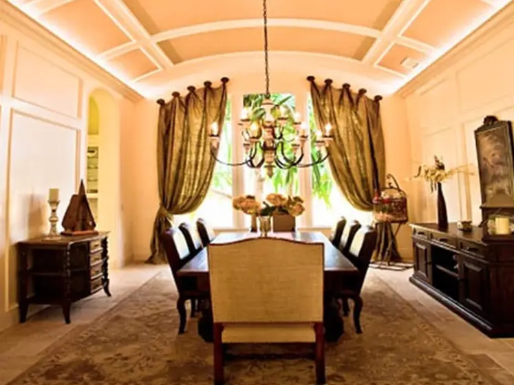 Custom Made Silk Draperies on the Medallions, Natural Grasscloth Inserts on Ceiling | PaperWorks Plus, Jupiter FL