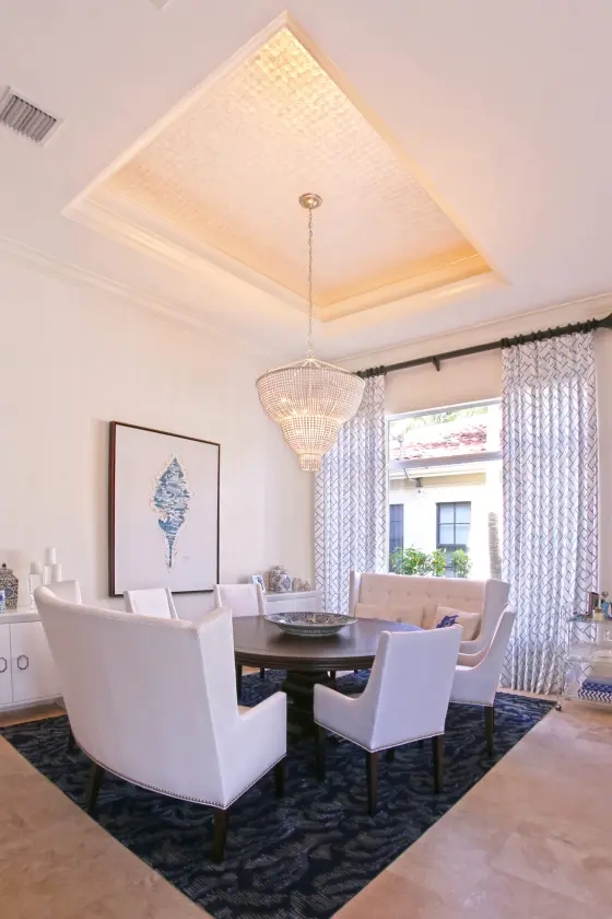 Formal Living Area with Tray Ceiling, Sheer Draperies and Custom Wallcovering | PaperWorks Plus, Jupiter FL