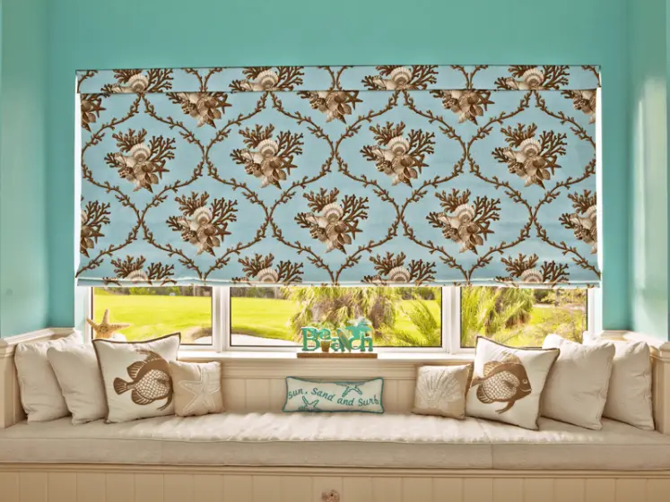 Flat Roman Shade with Fabric by Jaima Brown with Color Coordinated Seat Cushion and Pillows, Fabric by Duralee | PaperWorks Plus, Jupiter FL