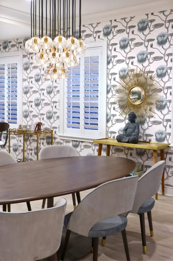 Dining Room with Blue and White Patterned Wallpaper and Plantation Shutters | PaperWorks Plus, Jupiter FL