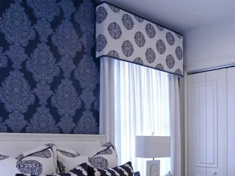 Box Cornice with Navy-Blue Cord Trim, Navy Blue Wallpaper by Thibaut, White and Blue Pillows | PaperWorks Plus, Jupiter FL
