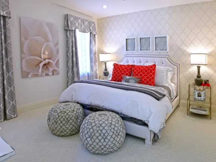 Bedroom with Trellis Wallpaper, Custom Bedding, Red Accent Pillows and Drapery Panels | PaperWorks Plus, Jupiter FL