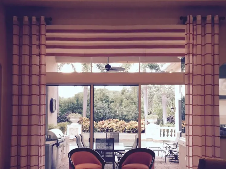 Roman Valance, Grommet Drapery Panels with Natural Linen by Anthology, Real Wood Brimar Drapery Hardware | PaperWorks Plus, Jupiter FL
