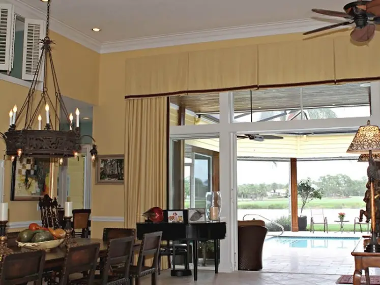 Custom Made Box Pleated Valance and Drapery Panels Made from Natural Raw Silk with Contrasting Tape Trim | PaperWorks Plus, Jupiter FL