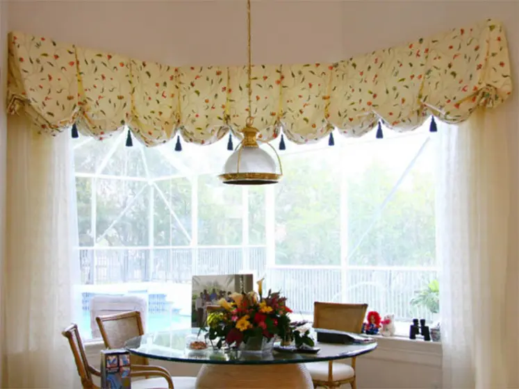 Custom Made Balloon Valance Made with Natural Silk Embroidered Fabric with Silk Tassels | PaperWorks Plus, Jupiter FL