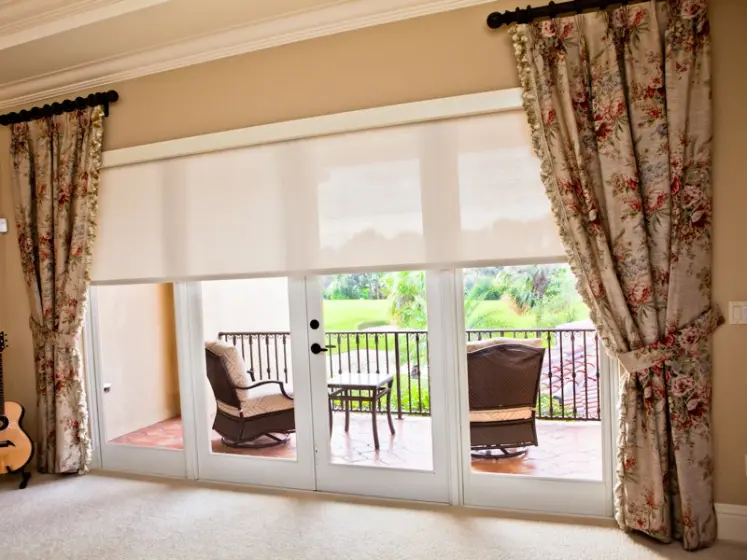 Motorized Roller Shades, Pleated Drapery Panels with Tassel Trim & Tie Backs, Dark Wood Drapery Hardware | PaperWorks Plus, Jupiter FL