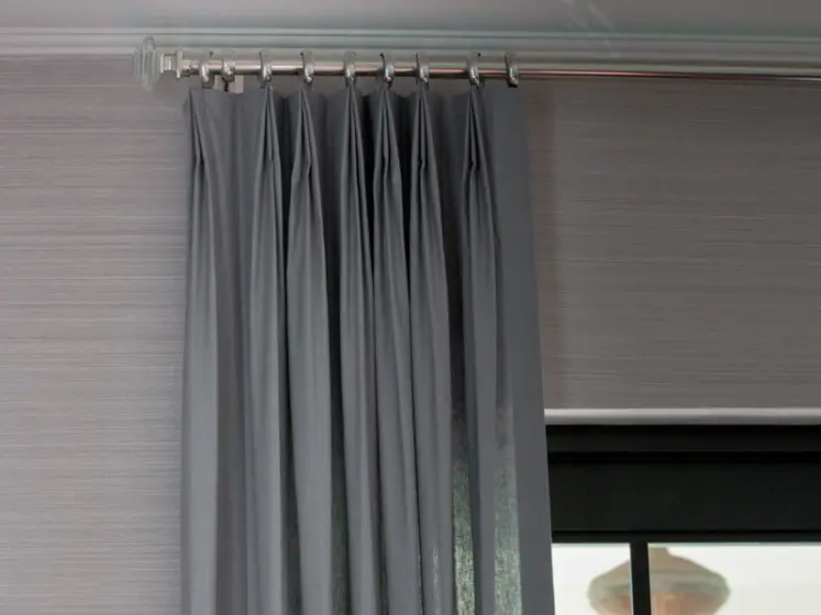Contemporary Chrome Finish Drapery Rod with Glass Finials, Silk Pleated Drapery Panels | PaperWorks Plus, Jupiter FL
