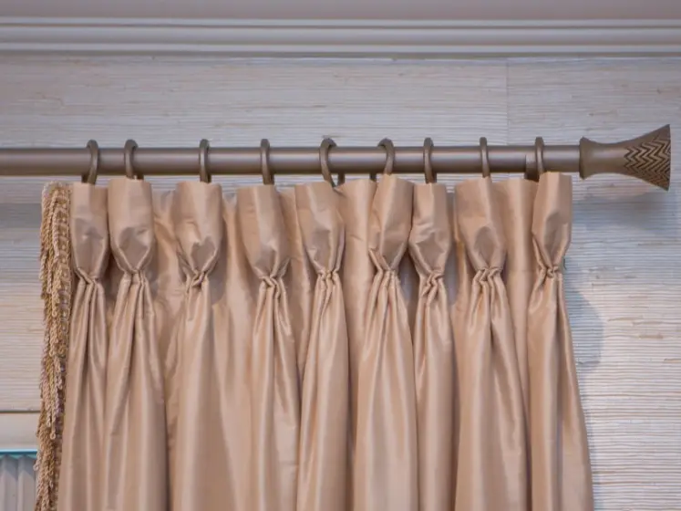 Goblet Pleated Silk Draperies with Fringe Trim, Bronze Drapery Hardware, Natural Grasscloth Wallcovering | PaperWorks Plus, Jupiter FL