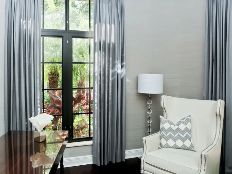 Silver Grey Custom Draperies with Color Coordinated Grasscloth Wallcoverings | PaperWorks Plus, Jupiter FL