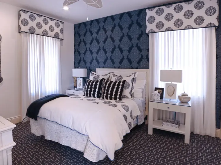 Blue & White Contemporary Color Scheme, Custom Cornice, Sheers,Bedding, Blue Thibaut Wallpaper | PaperWorks Plus, Jupiter FL