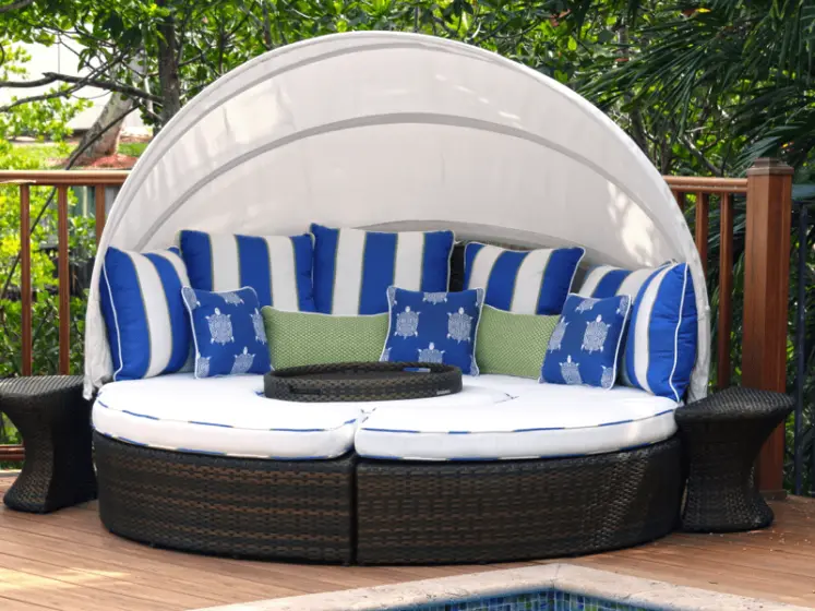 White Outdoor Fabric For Custom Made Cushions with Contrasting Blue-White Trim, All Fabrics from Thibaut | PaperWorks Plus, Jupiter FL