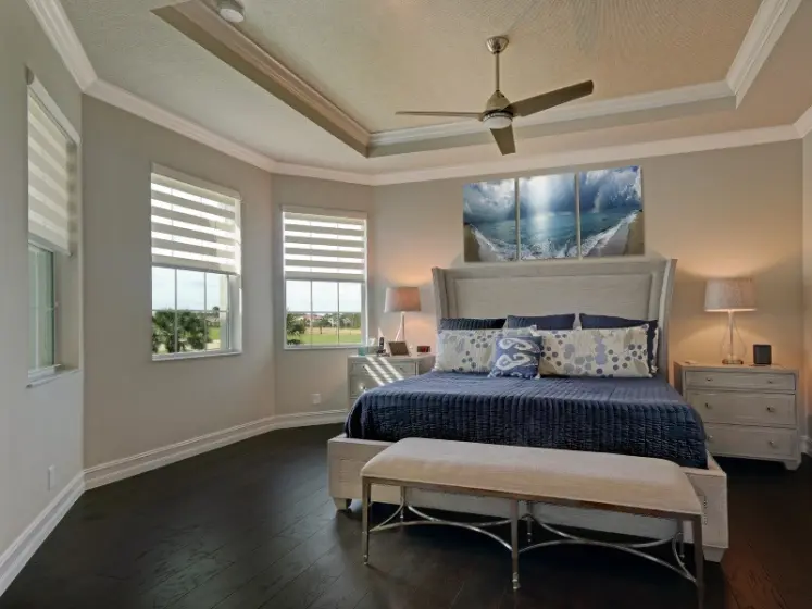 Motorized Double Roller Shades by Coulisse, Art Work on Canvas by Chris Fay in a Master Bedroom | PaperWorks Plus, Jupiter FL