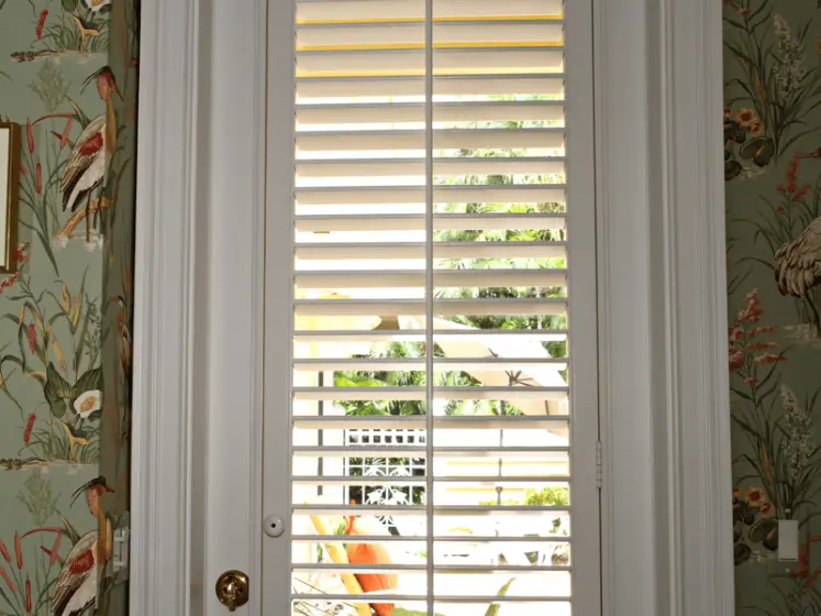 Polysatin Shutters for a Bath Door from Hunter Douglas, Wallpaper by Thibaut | PaperWorks Plus, Jupiter FL