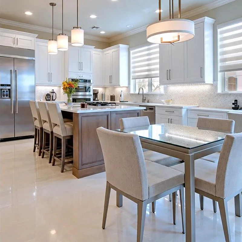 The same kitchen with soft grey walls, white shades, quartz counters and polished porcelain floors