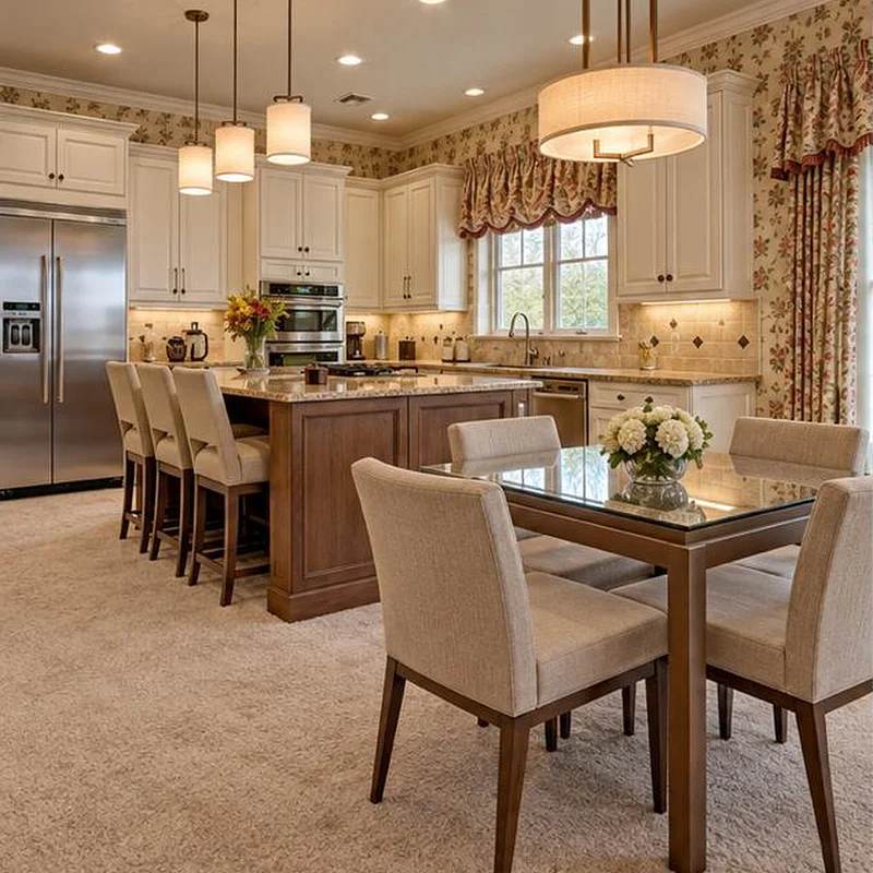 Kitchen and dining area with floral wallpaper, swag valances and wall-to-wall carpet