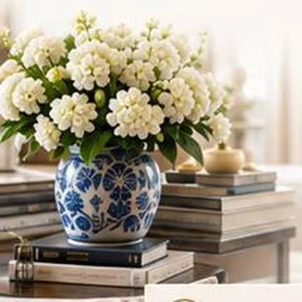 Blue and white porcelain vase with white hydrangeas, styled by PaperWorks Plus